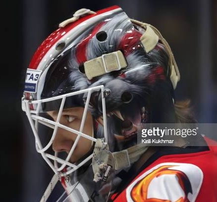 NOVOSIBIRSK, RUSSIA  OCTOBER 29, 2019: Avtomobilist Yekaterinburg goaltender Leonid Fomin in their 2019/2020 KHL Regular Season ice hockey match against Sibir Novosibirsk at the Sibir Ice Sports Palace. Kirill Kukhmar/TASS (Photo by Kirill KukhmarTASS via Getty Images)