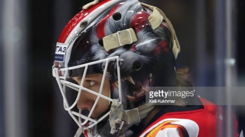 NOVOSIBIRSK, RUSSIA OCTOBER 29, 2019: Avtomobilist Yekaterinburg goaltender Leonid Fomin in their 2019/2020 KHL Regular Season ice hockey match against Sibir Novosibirsk at the Sibir Ice Sports Palace. Kirill Kukhmar/TASS (Photo by Kirill KukhmarTASS via Getty Images)
